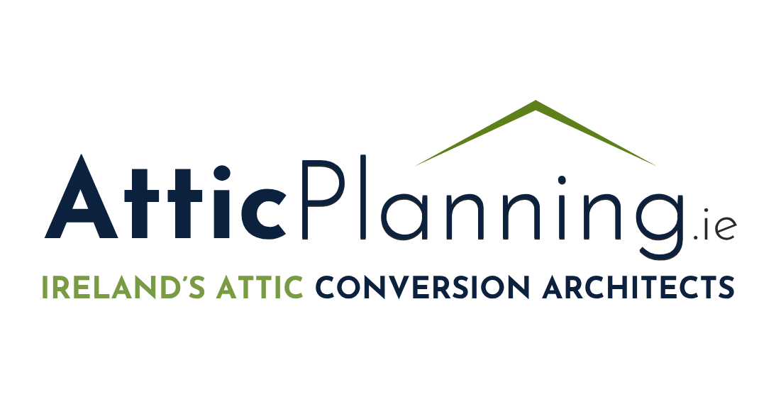 Logo for AtticPlanning with a blue wordmark and a green roof icon, representing architectural planning and construction services.