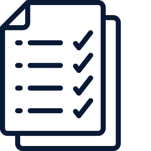 Blue checklist icon: a document with four lines and check marks indicating completed tasks.