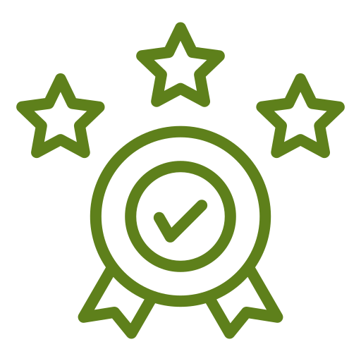 Green quality certification badge featuring a central check mark and three stars above it