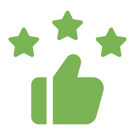 Green thumbs-up icon with three green stars arranged around it, signaling a positive rating or approval.
