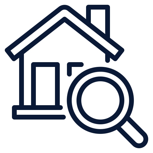Blue outline of a house with a magnifying glass, representing home search or property inspection.