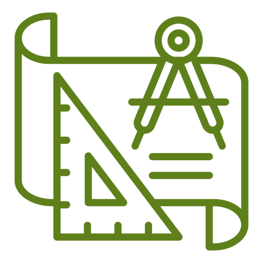 Green line-art icon of drafting tools on a rolled blueprint, featuring a compass, ruler, and triangle.